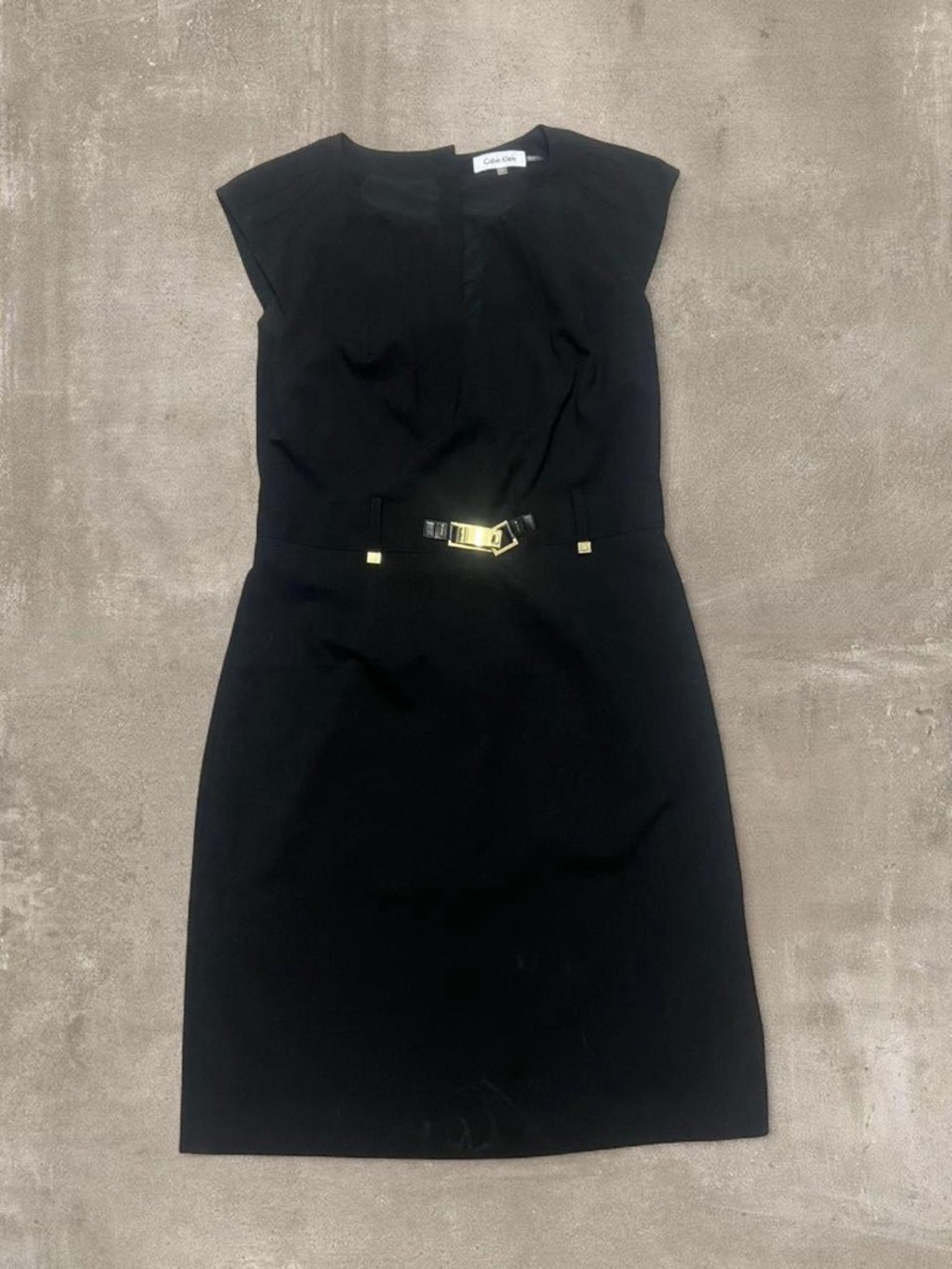 Calvin Klein Black Sheath Dress Size 8 Gold Buckle Career Cocktail